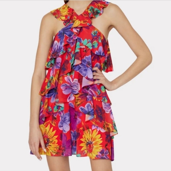 Milly Red Wildflower Ruffle Mini Dress - Size 6 - Picture 1 of 8